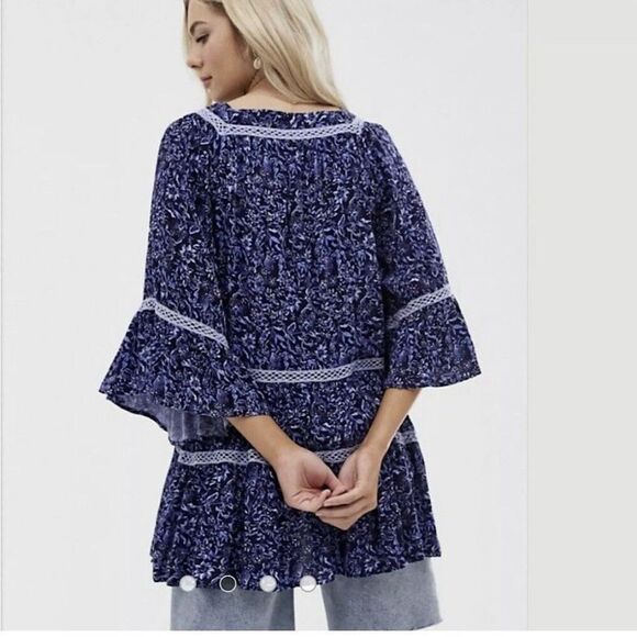 Free People Talk About It Floral Tunic Top Size XS Blue Boho Cottage Core Hippie - Picture 2 of 10